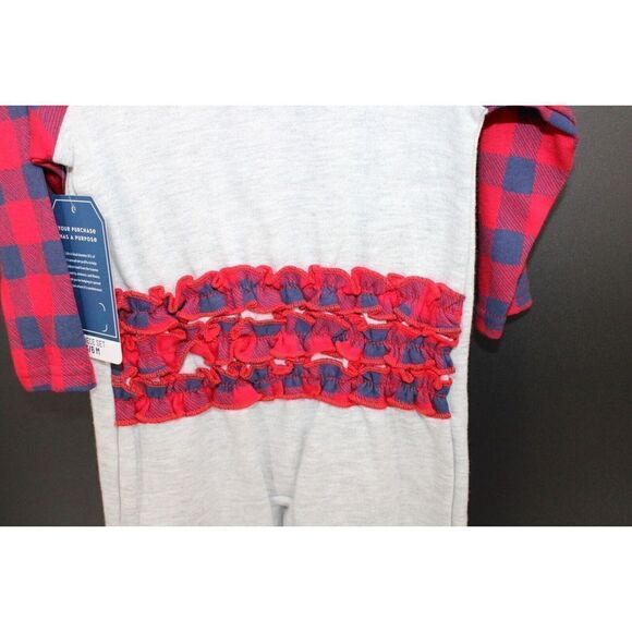 LIFE IS GOOD ROMPER W/HAT & RUFFLES GRAY BUFFALO PLAID DOG GIRLS 3/6M NWT - Picture 5 of 8